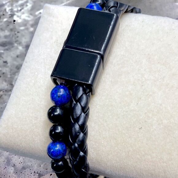 Men’s Double-strand Blue & Black l Beaded Bracelet l Magnetic Closure l New - Picture 6 of 6